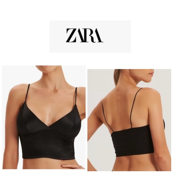 Zara Women's Black Satin Effect V-Neck Crop Top Triangle Bralette S - Picture 1 of 14